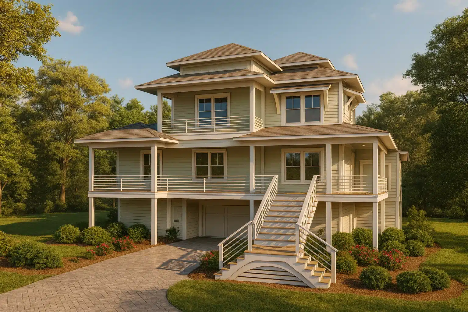 Townhome Floor Plans 11 Front elevation of Coastal Low Country beach style home with elevated foundation, wraparound porches, and horizontal lap siding exterior