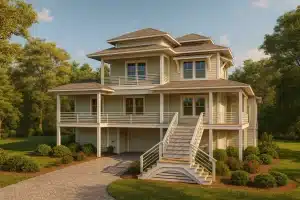 modern beach house featuring 3 bedrooms, 4 bathrooms, and a two-story