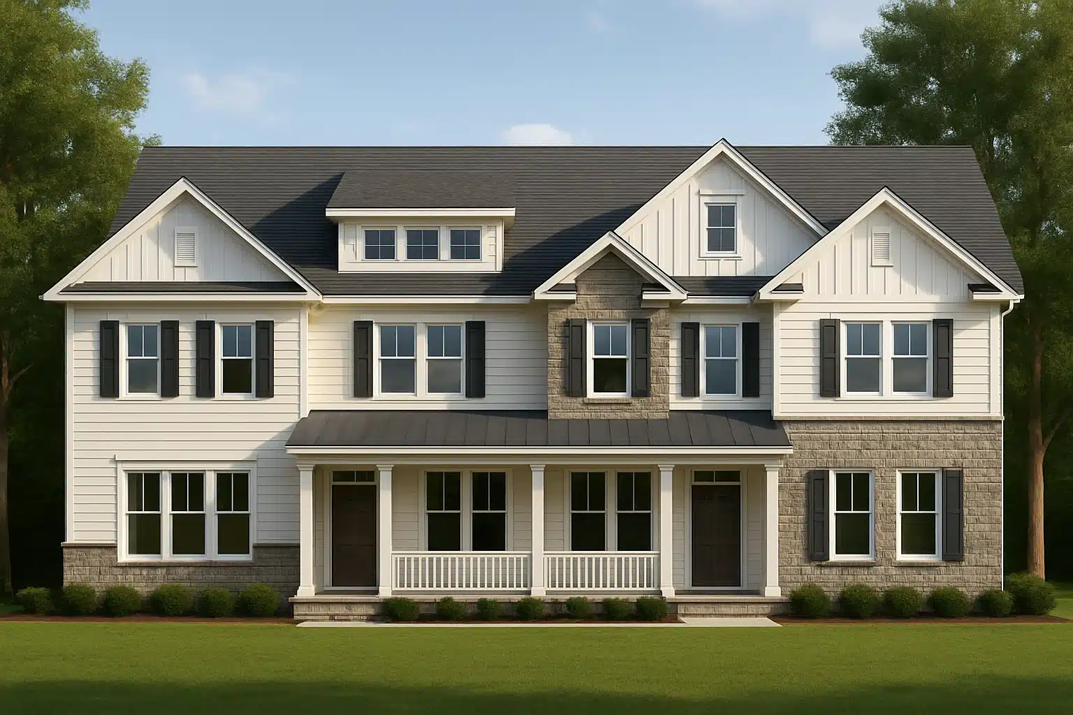 Front elevation of a Modern Farmhouse New American style home with board and batten siding, lap siding, stone accents, and a covered front porch