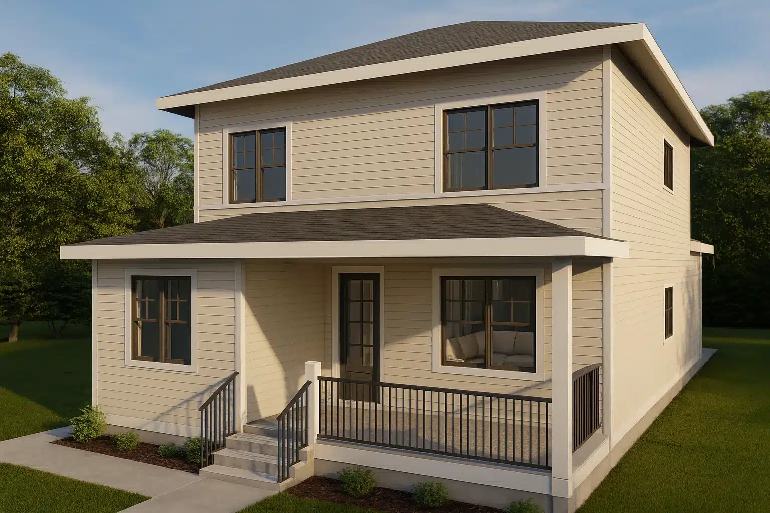 Front elevation of a two-story Traditional Colonial style home featuring horizontal lap siding, dark-trim windows, and a welcoming covered front porch