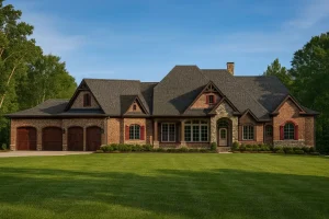 Front view of French Country European style home featuring a rich blend of brick and stone exterior, gabled rooflines, arched windows, and detailed wood accents