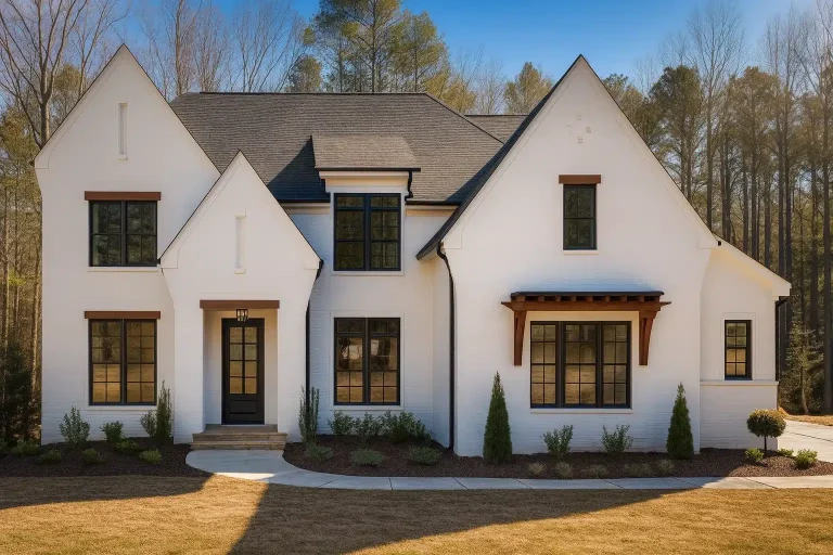 Front elevation of a Modern Farmhouse home featuring white painted brick, board-and-batten siding, steep gables, and black-framed windows