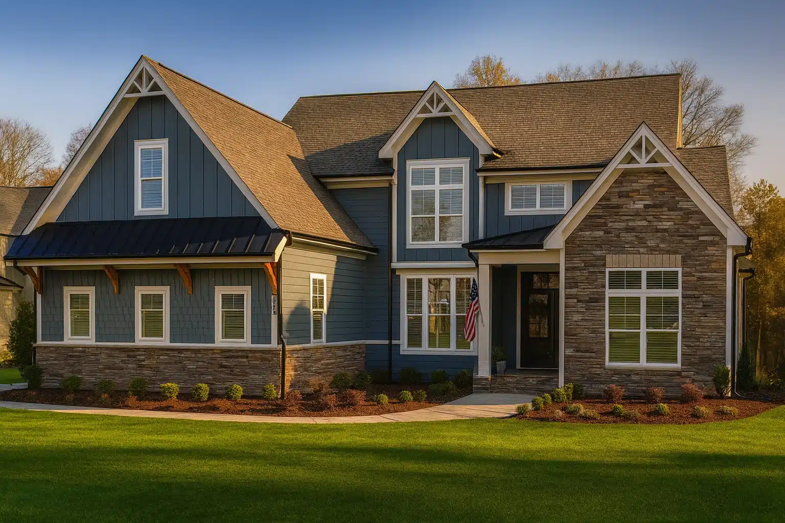 Front elevation of a New American Craftsman style house featuring horizontal lap siding, stone veneer accents, steep gables, and a covered front porch