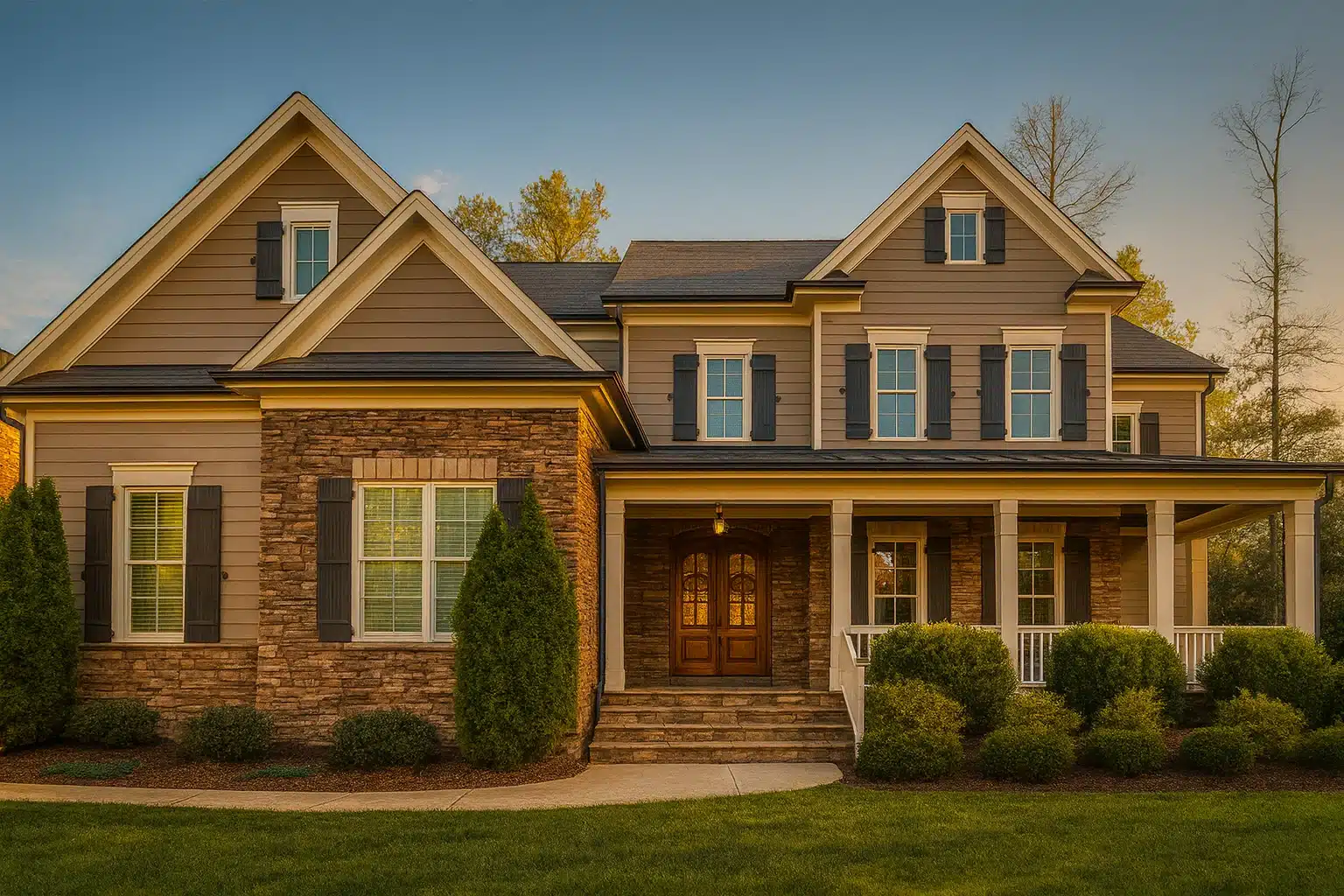 Front elevation of a New American modern traditional house with stone accents, horizontal siding, covered porch, and symmetrical windows
