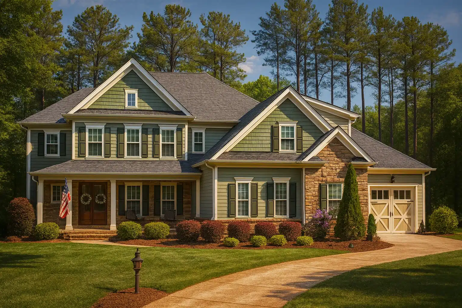 Front exterior of a Traditional Colonial New American style home featuring lap siding, shingle gables, stone accents, and a symmetrical two-story façade