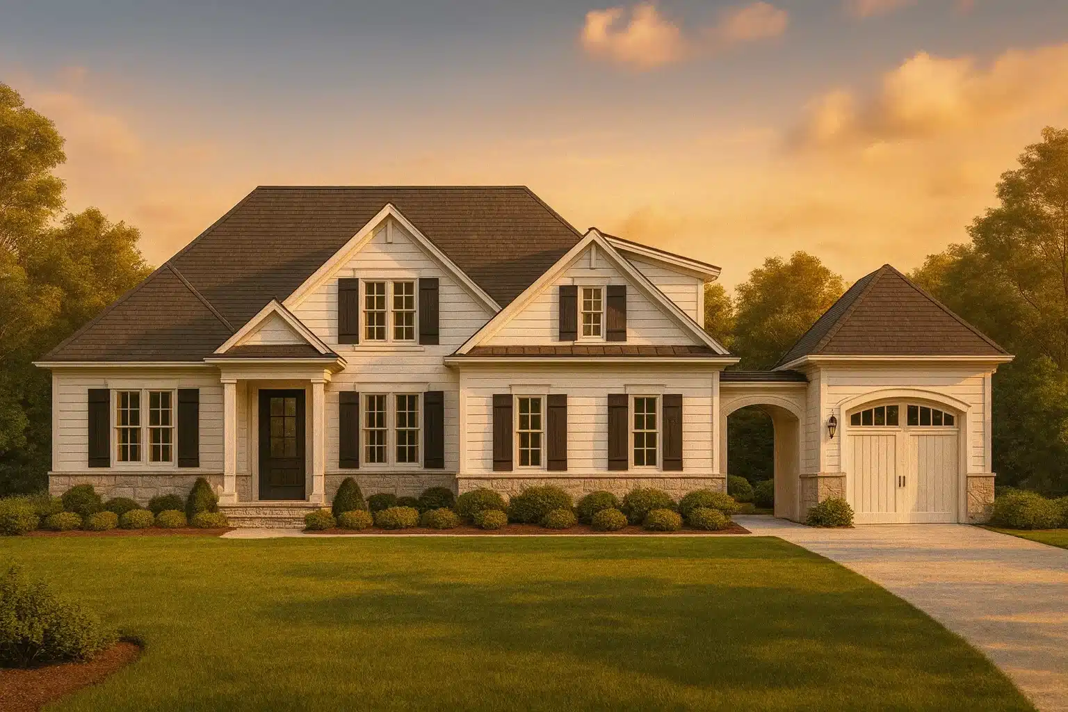 Front elevation of a New American Traditional style home with horizontal siding, gabled rooflines, shutters, and an attached garage