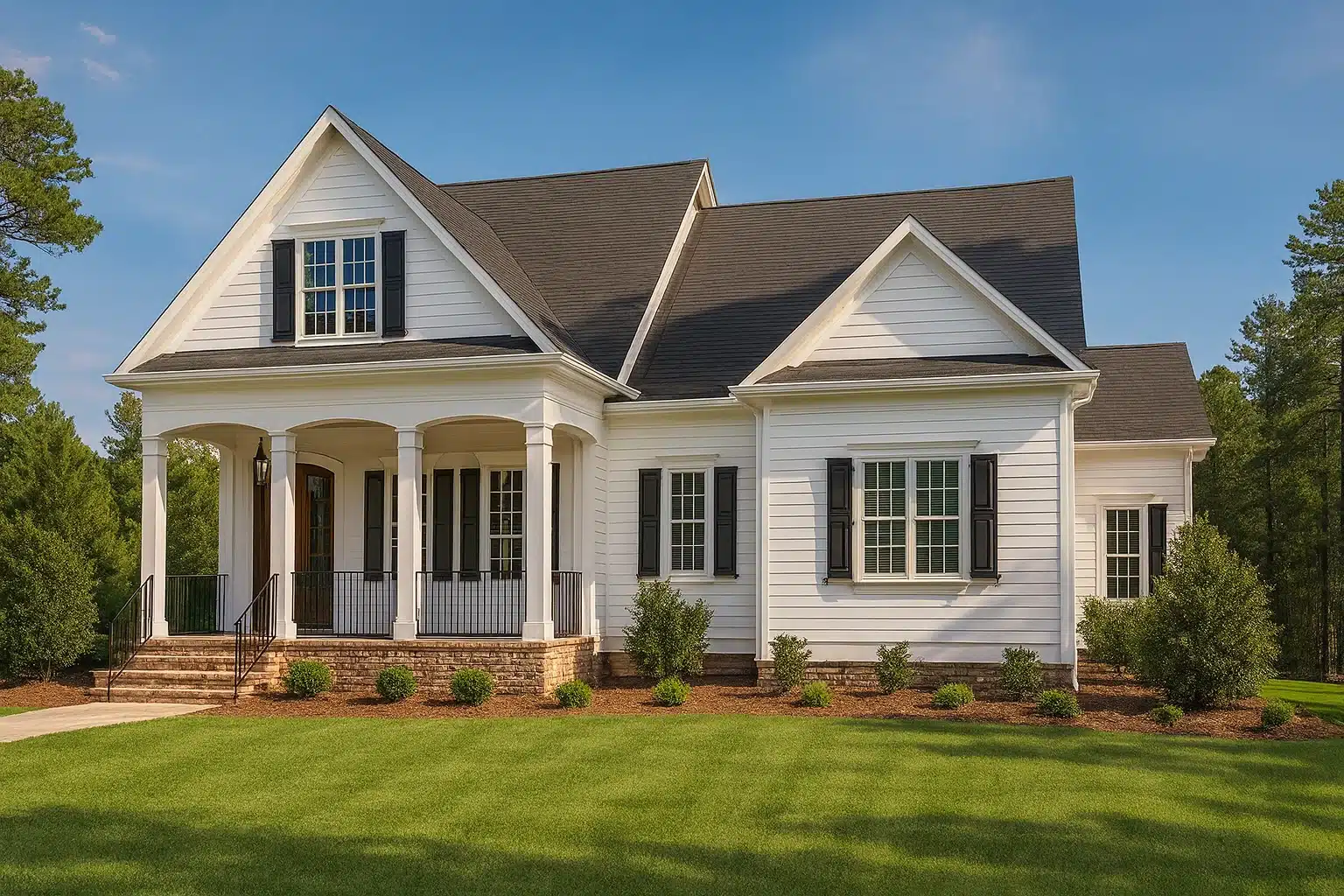 Front elevation of Southern Farmhouse style house with white horizontal lap siding, gabled rooflines, black shutters, and wide covered wraparound porch