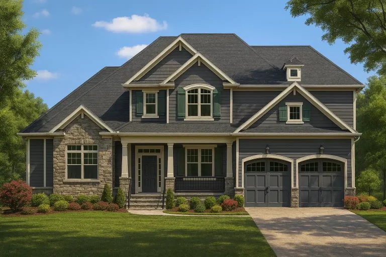 Front elevation of a New American Craftsman style home with horizontal siding, stone accents, dormer windows, and a covered front porch