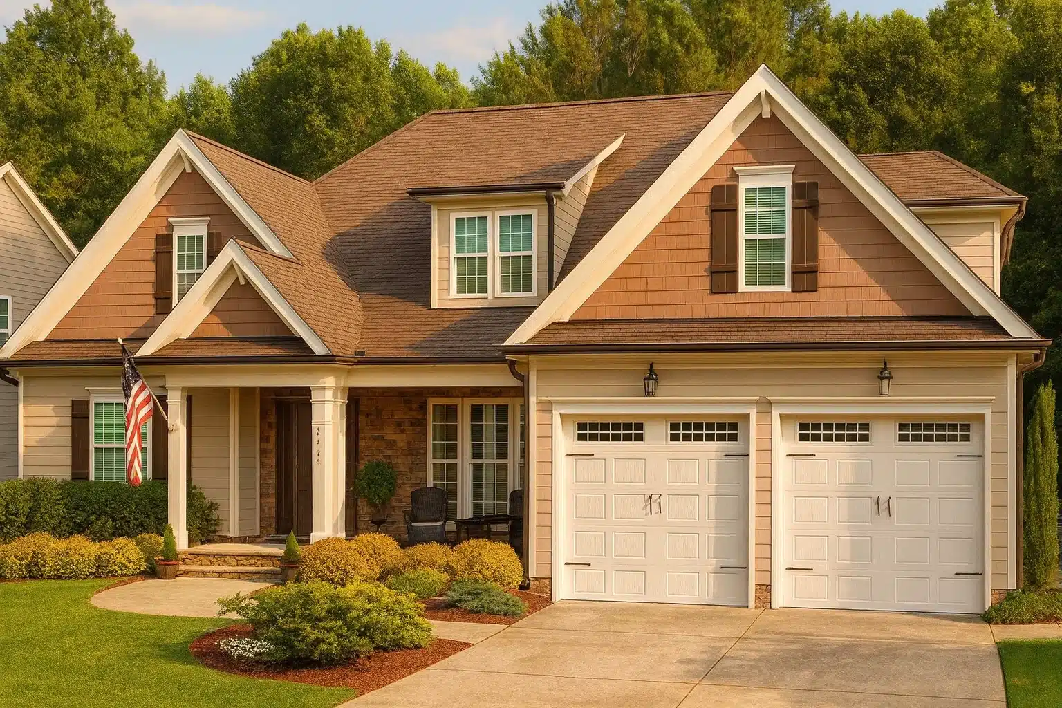 Front elevation of a New American modern traditional home featuring brick and horizontal siding, gabled rooflines, and a two-car garage
