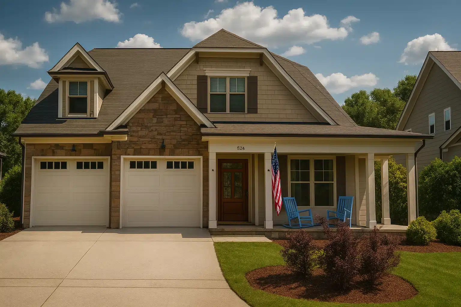 Front exterior of a New American Craftsman-style house featuring stone veneer, horizontal siding, gabled rooflines, and a covered front porch