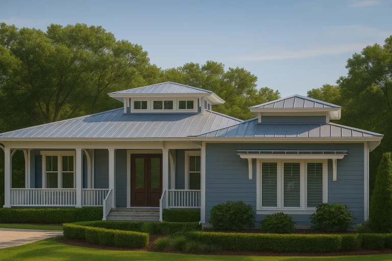 Front elevation of Coastal Cottage style home with horizontal lap siding, metal roof, and covered wraparound porch