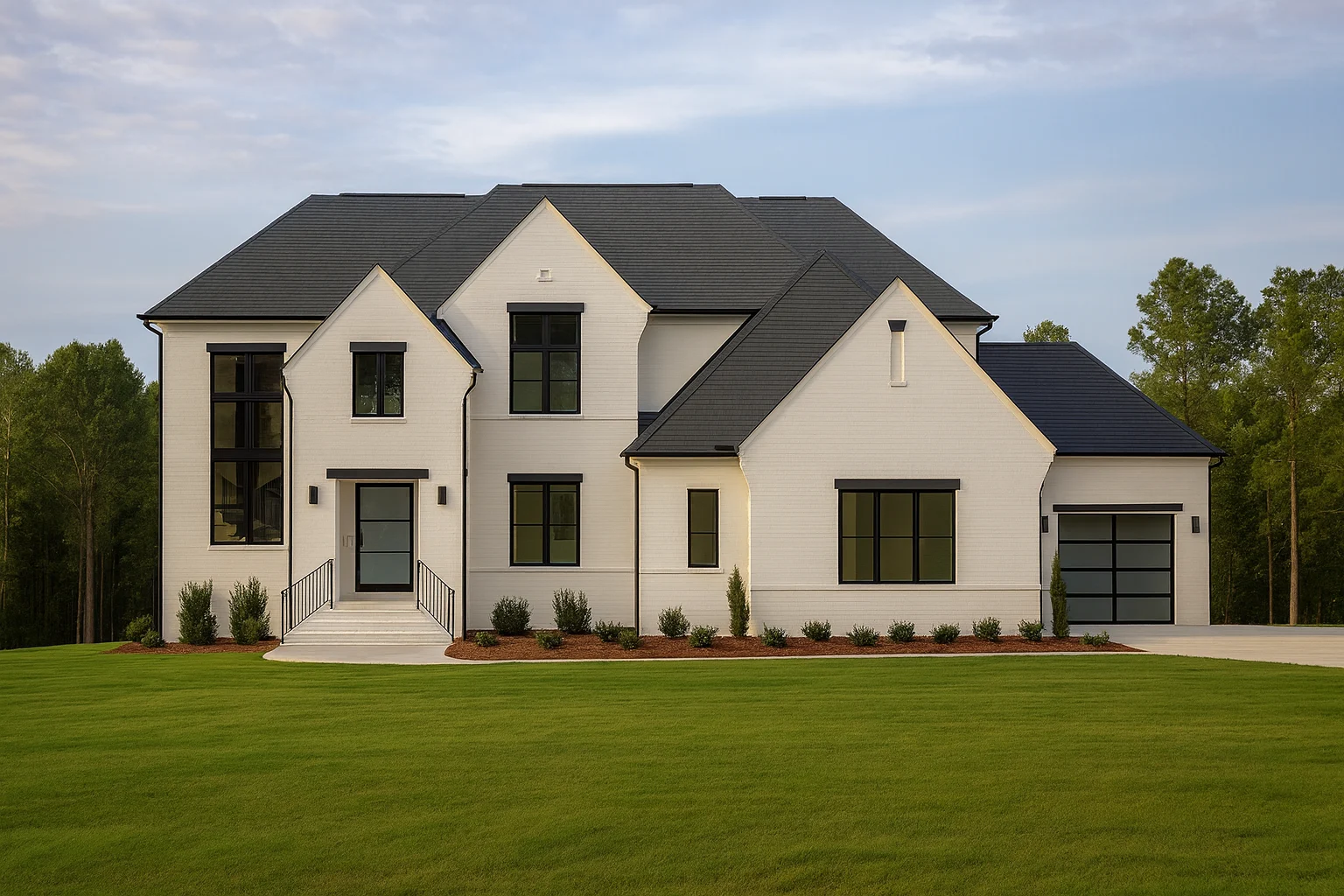 House Plans with Spacious Laundry Room 13 Front elevation of a New American Modern Farmhouse style home featuring painted brick, board and batten siding, steep gables, and a side entry garage