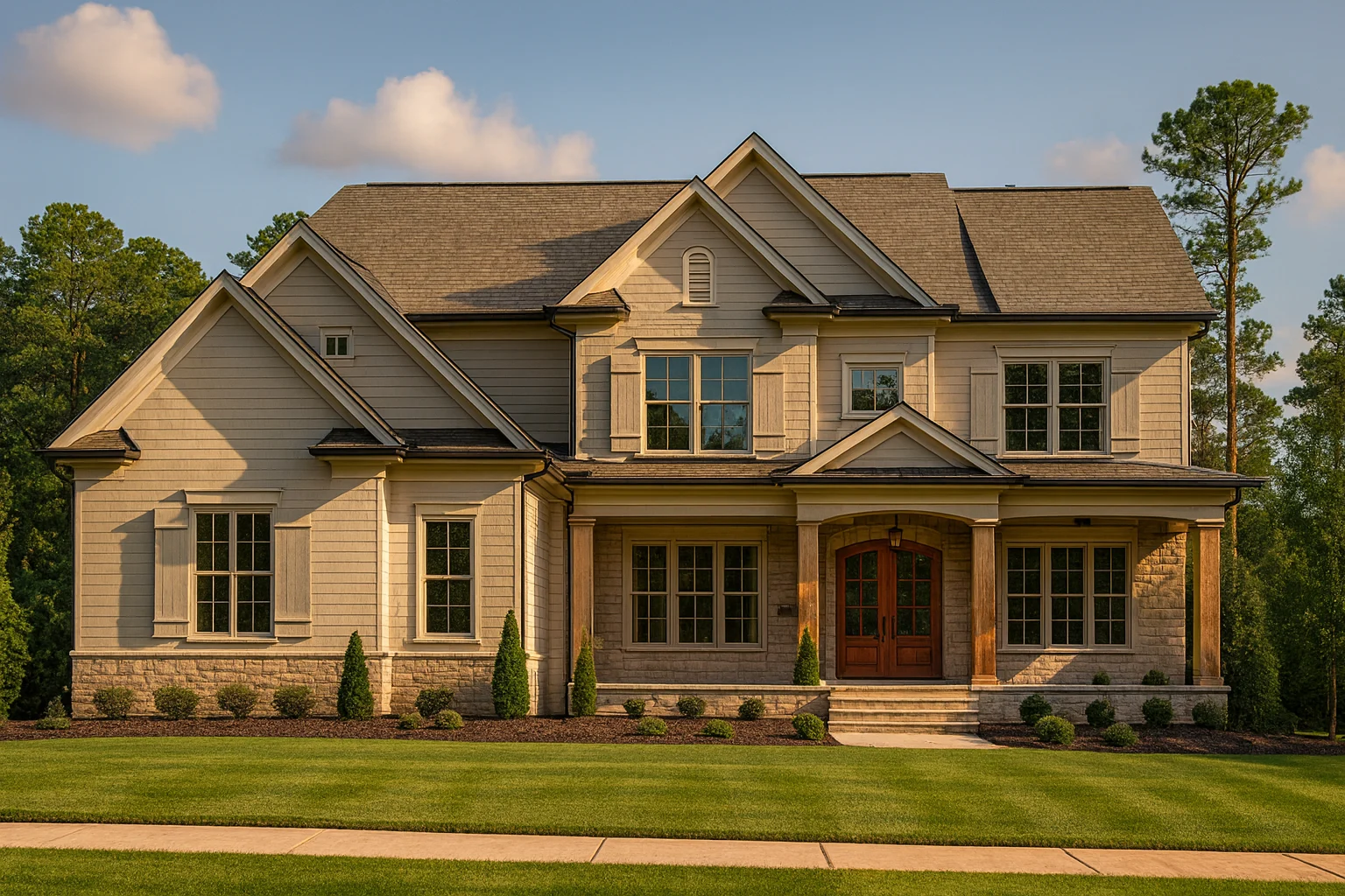 7 Bedroom House Plans 29 Front elevation of a New American style two-story house featuring horizontal siding, brick accents, symmetrical windows, and a covered entry porch