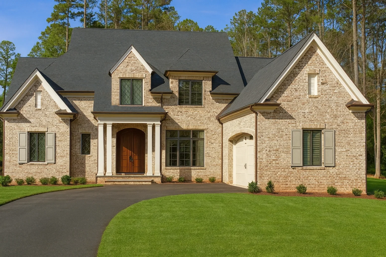 2 Bedroom House Plans 18 Front elevation of French Country style home with brick and stone exterior, steep gables, shutters, and arched wood entry door