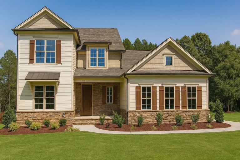 Front elevation of a New American style two-story house with horizontal siding, symmetrical windows, and traditional colonial detailing