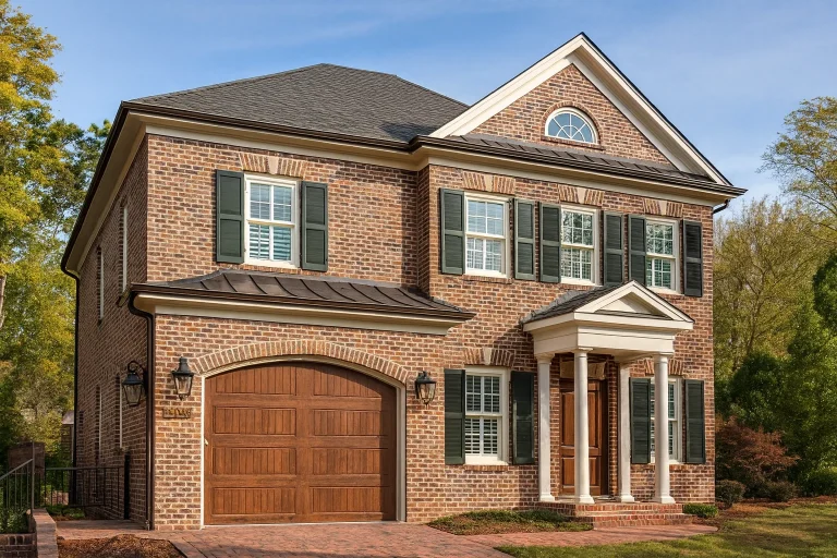 Front elevation of a Colonial Revival style home featuring red brick exterior, symmetrical windows, shutters, and traditional portico entry