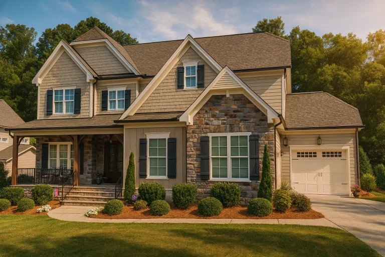 Front exterior of a New American style suburban home featuring horizontal siding, stone accents, gabled rooflines, and an attached garage
