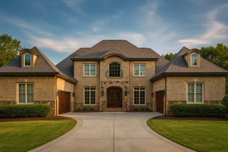 Front elevation of a Georgian style brick home featuring symmetrical windows, arched entry, and refined Neo-Colonial detailing
