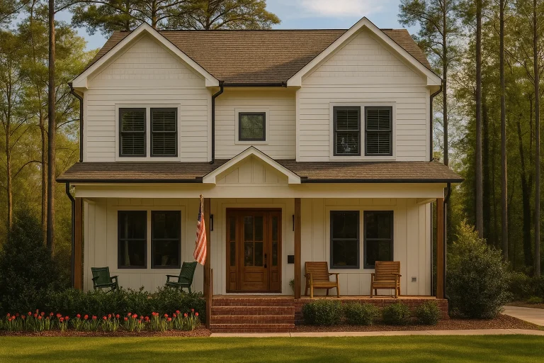 Front elevation of a modern farmhouse style home featuring white horizontal siding, a covered front porch, black windows, and classic symmetrical architecture