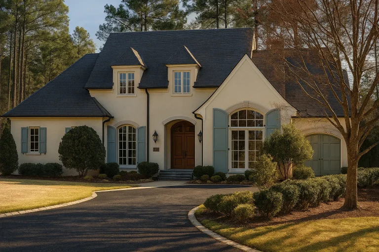 Front elevation of a French Country style home featuring brick exterior, steep pitched roof, arched windows, and a refined traditional façade