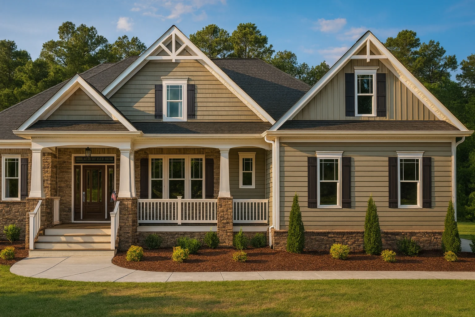 Front elevation of a New American Modern Traditional house featuring horizontal siding, stone accents, and a welcoming covered porch