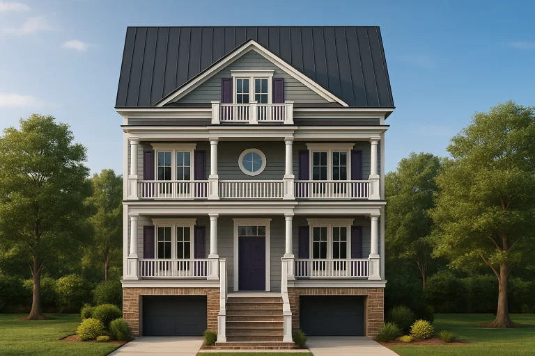 Front elevation of a Charleston style Southern home featuring stacked double porches, classical columns, and symmetrical siding exterior