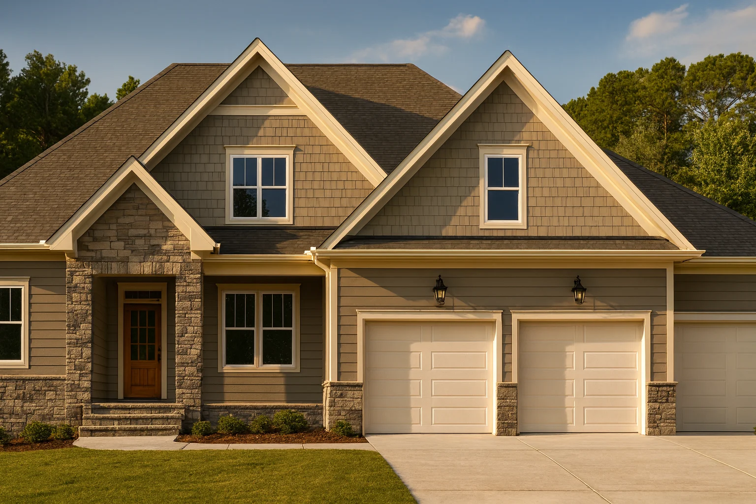 Front elevation of a New American style suburban house with stone veneer, horizontal siding, gabled rooflines, and a two-car garage