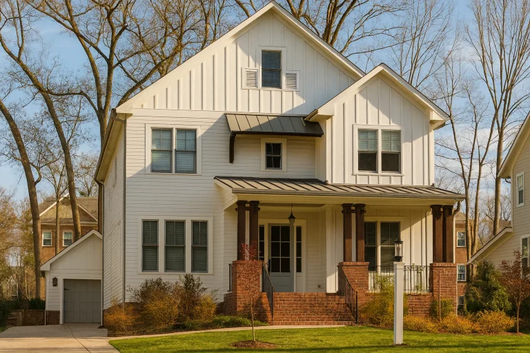Front elevation of a Modern Farmhouse style home featuring board and batten siding, brick porch columns, gabled rooflines, and a covered front porch