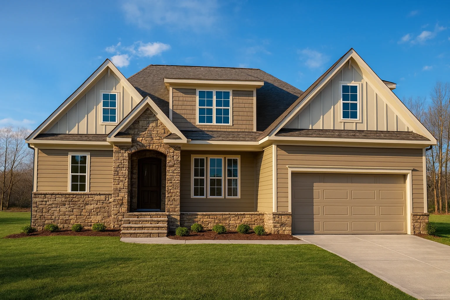 Beach House Plans 7 Front elevation of a New American style home featuring board and batten siding, stone exterior accents, gabled rooflines, and an attached two-car garage