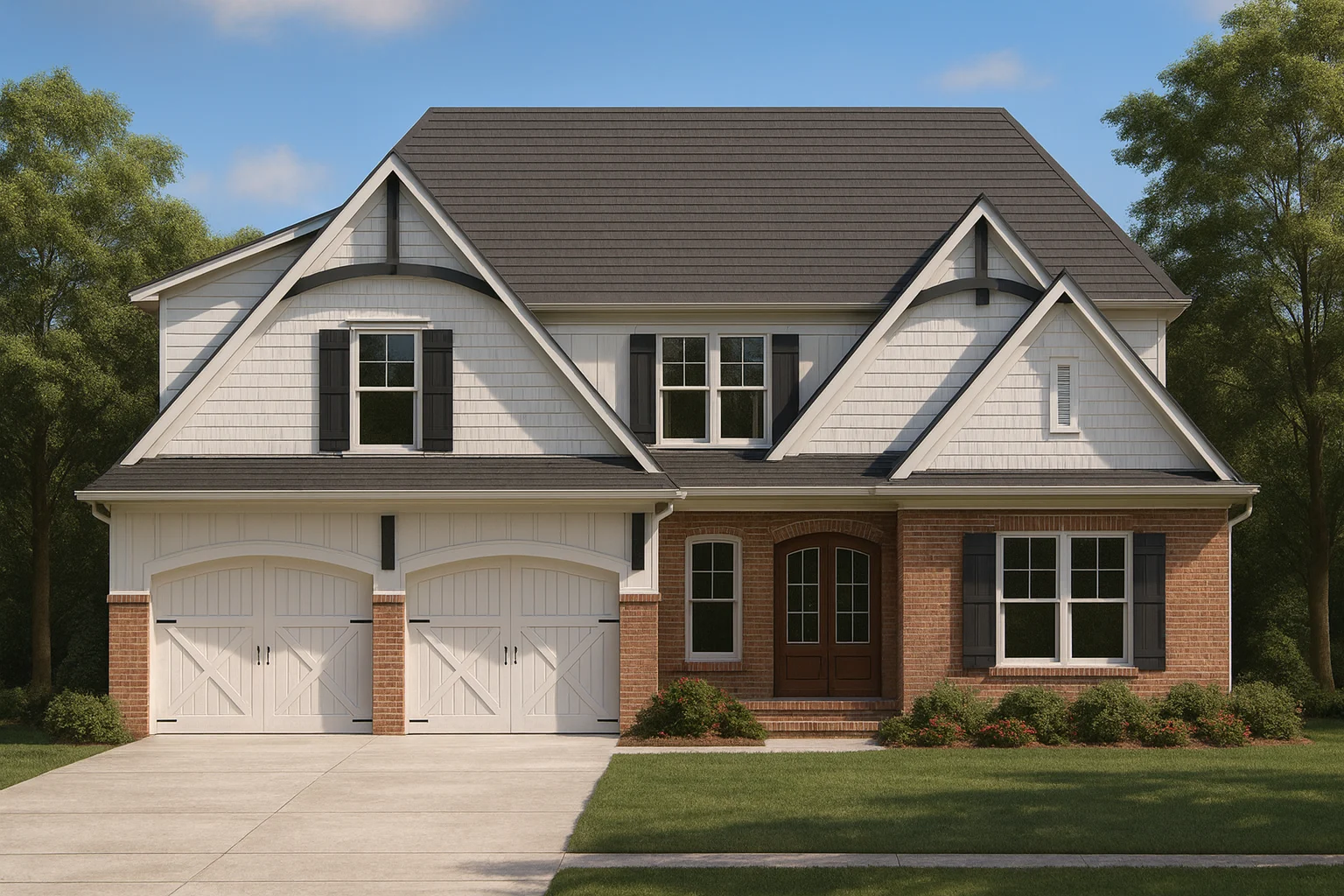 Classical House Plans 7 Front elevation of a New American style two story house with brick exterior, shingle gables, double garage, and classic suburban curb appeal