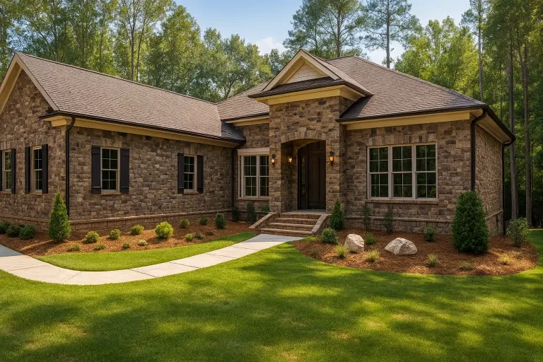 Front elevation of a Traditional Ranch style home with full stone exterior, symmetrical windows, and inviting covered entry