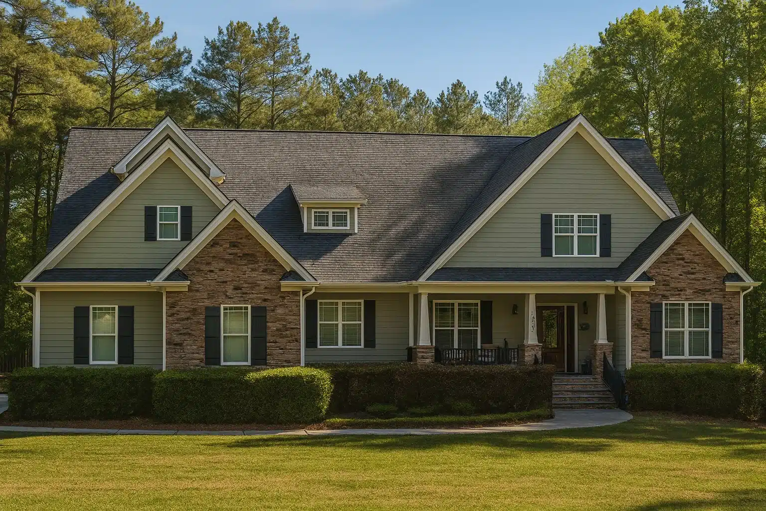 Front elevation of a Traditional New American style home with horizontal siding, stone accents, gabled rooflines, and a welcoming covered front porch