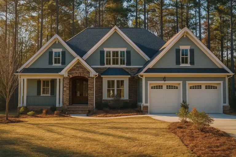 Front elevation of Craftsman style house with horizontal siding, stone accents, shake gables, and covered front porch
