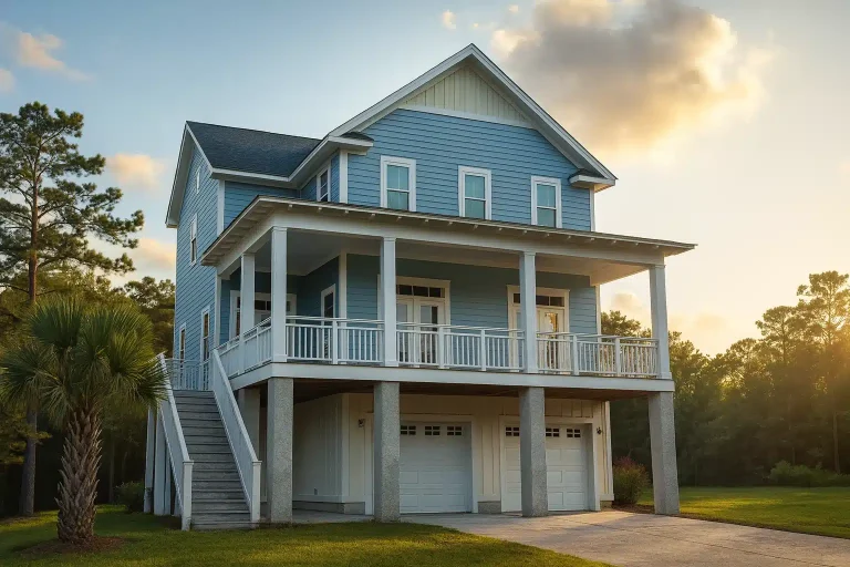 Elevated Coastal Low Country garage apartment with lap siding, wraparound porch, exterior stair, and ground-level parking