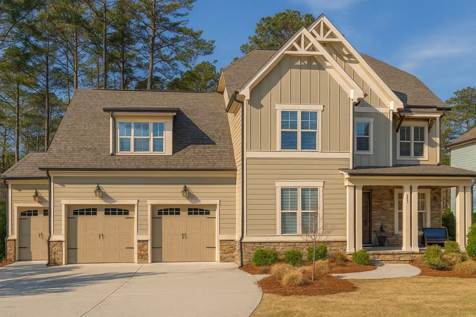 Craftsman House Plans 27 Front exterior view of a New American Modern Traditional house with board and batten siding, stone accents, and attached two-car garage