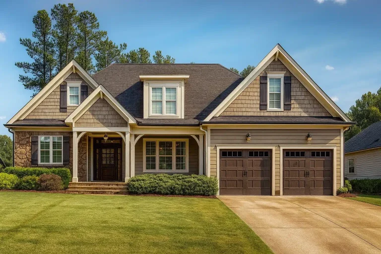 Front elevation of Traditional New American style house with lap siding, shake gables, brick foundation accents, covered porch, and two-car garage