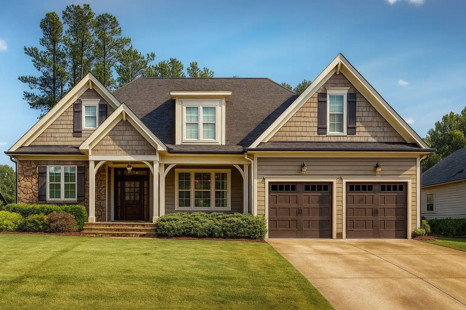 Front elevation of Traditional New American style house with lap siding, shake gables, brick foundation accents, covered porch, and two-car garage