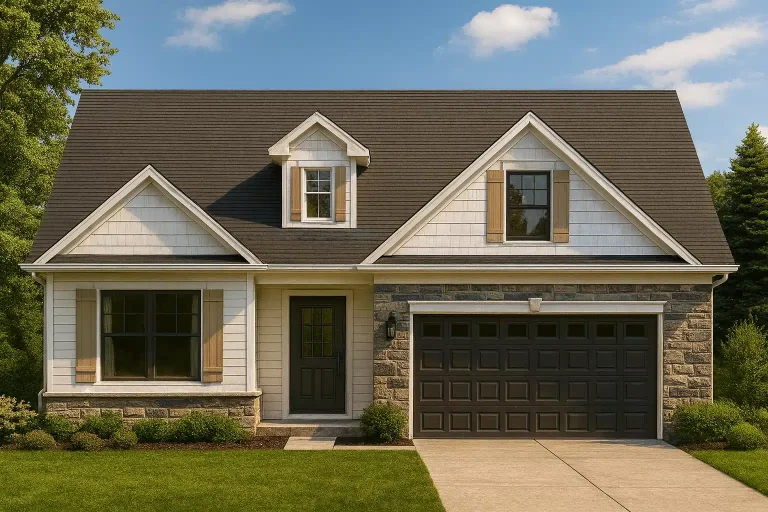 Front elevation of a New American Cape Cod style home featuring shingle siding, stone exterior details, dormer windows, and attached two-car garage
