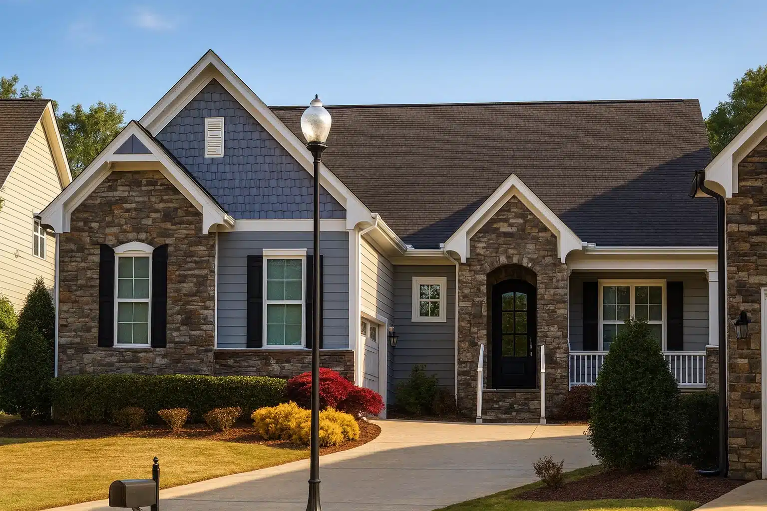Front elevation of a New American style home with stone veneer, horizontal siding, gabled rooflines, and covered entry