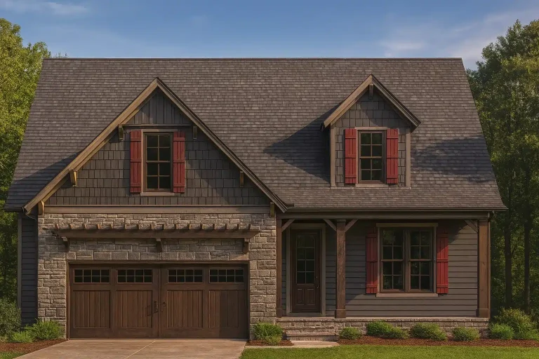 Front elevation of a Craftsman Cottage style home featuring shingle siding, stone accents, gabled rooflines, and a welcoming covered porch