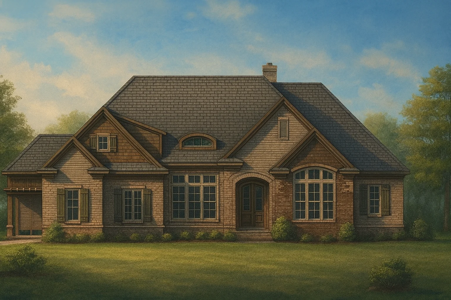 Front elevation of a New American traditional house with brick exterior, symmetrical windows, steep gabled roof, and classic Colonial Revival detailing