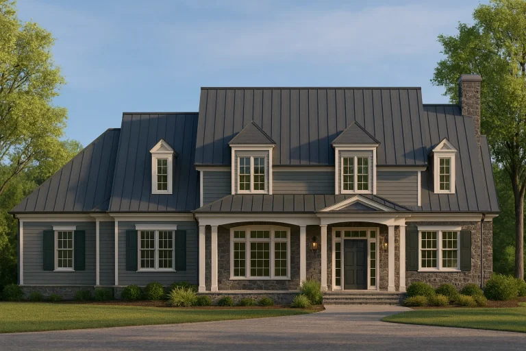 Front elevation of New American Colonial Revival house featuring stone accents, horizontal siding, dormer windows, and a standing seam metal roof