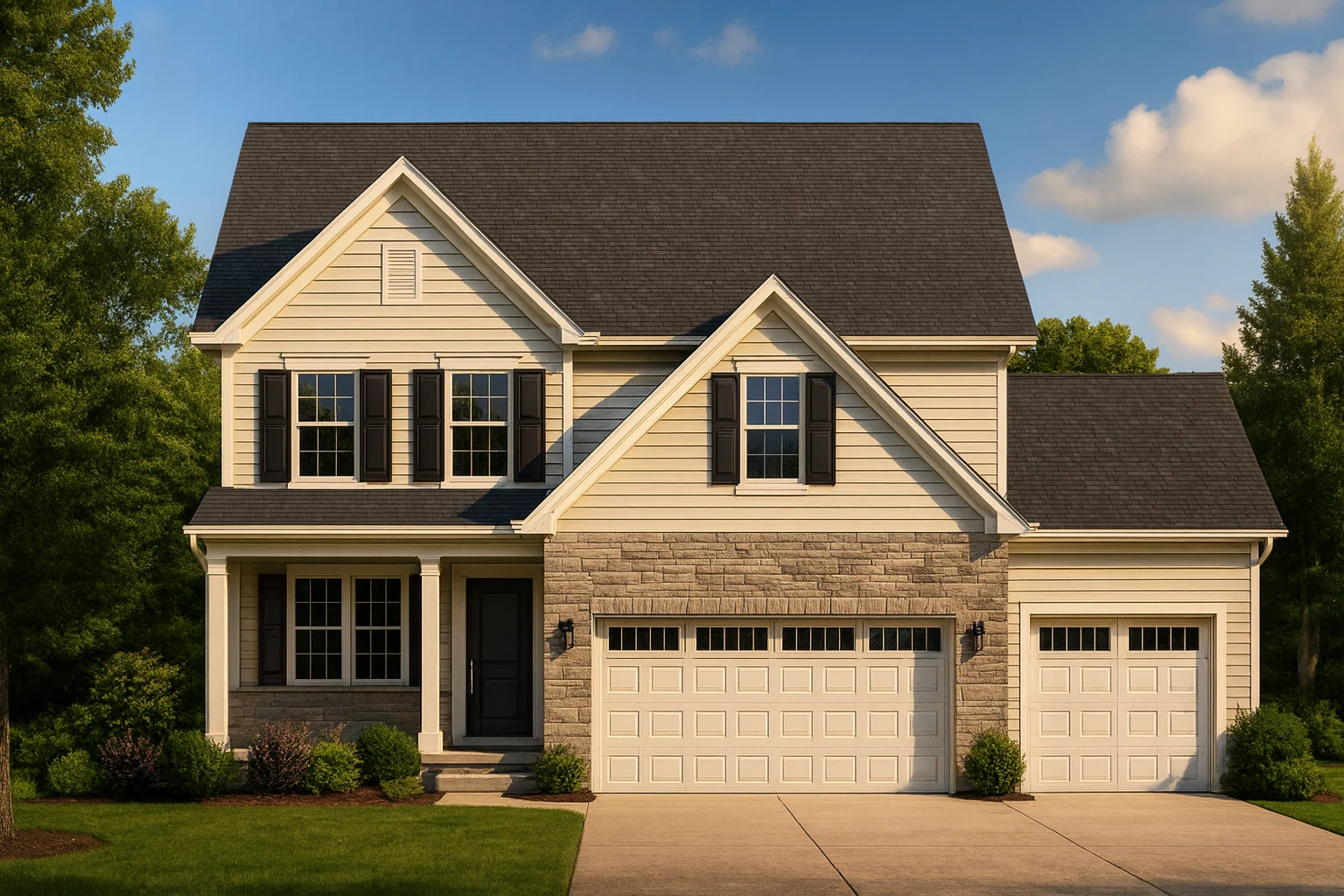 Front elevation of New American style suburban home with stone veneer, horizontal siding, black shutters, and three-car garage