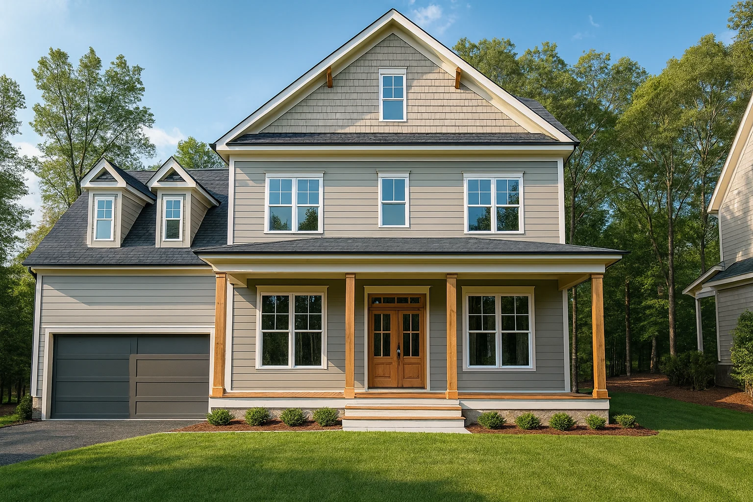 Front elevation of a New American modern traditional house with Craftsman details, lap siding, shingle gables, covered porch, and attached garage