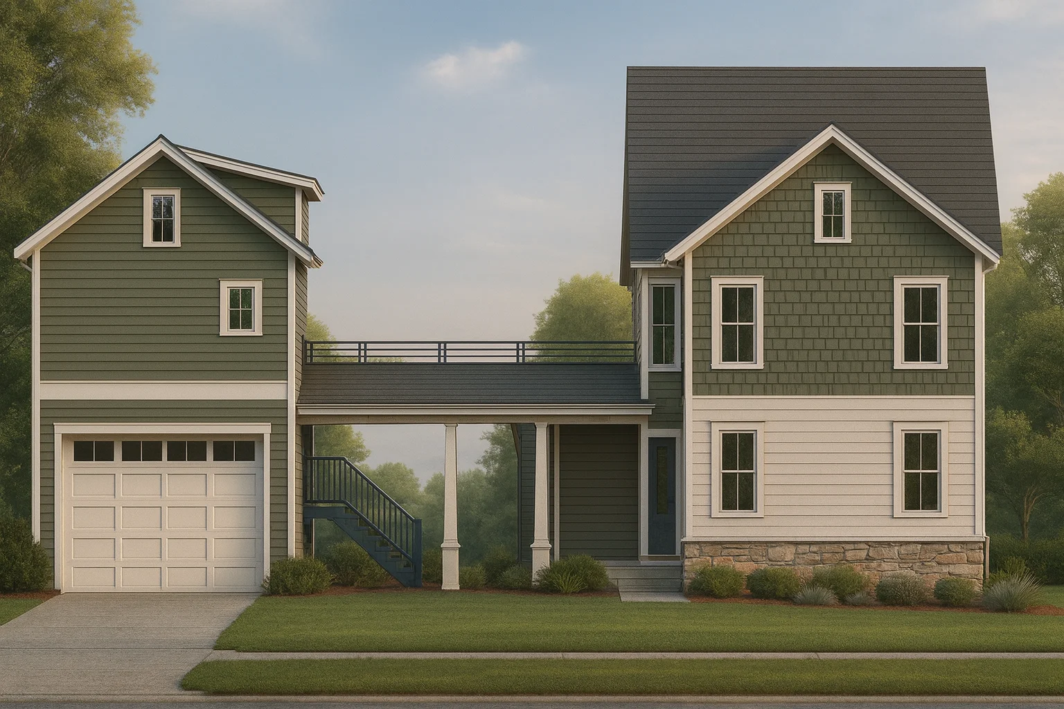 3 bedrooms, 2.5 stories, a detached 2-car garage