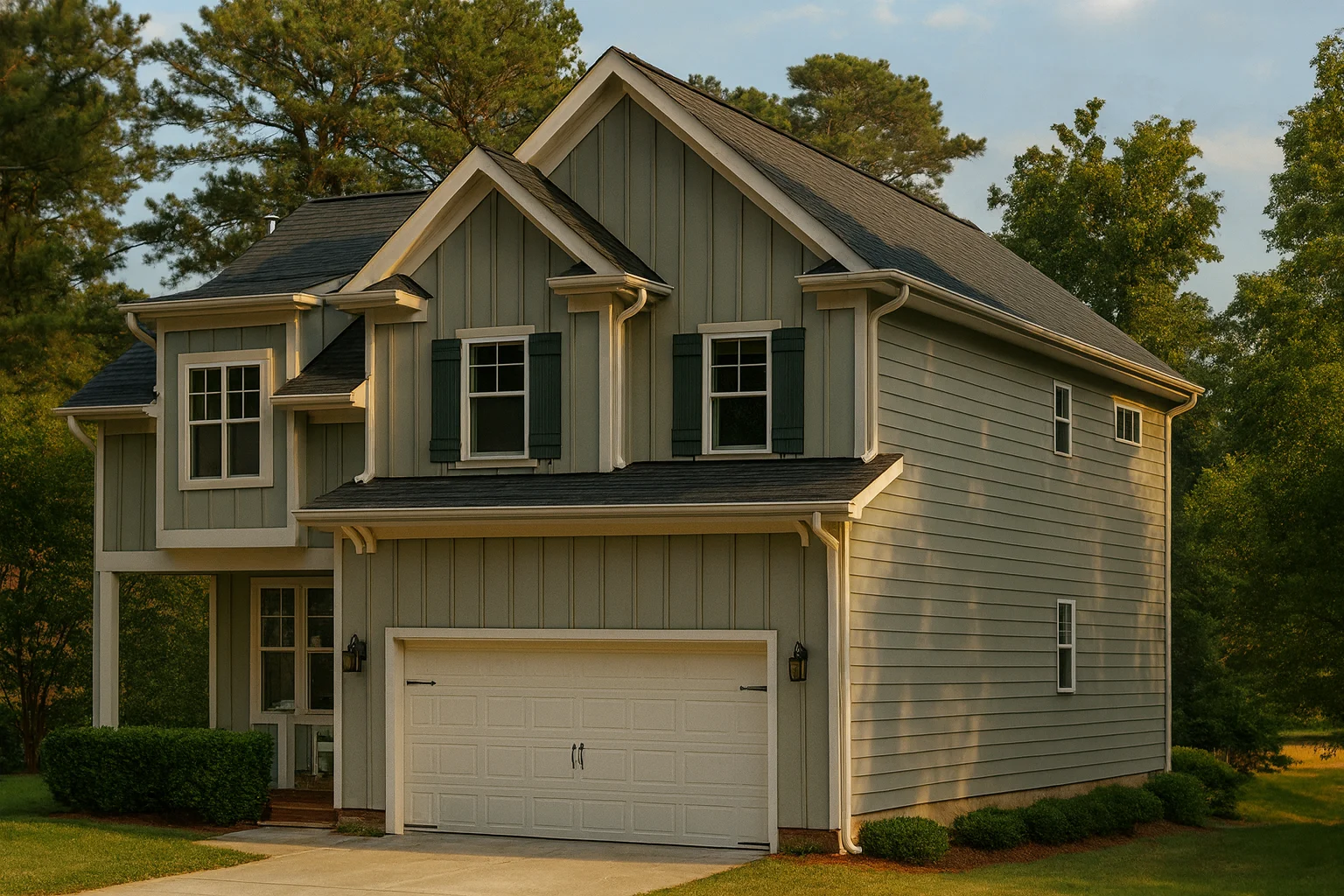 Front elevation of a New American modern traditional house with board and batten siding, gabled rooflines, and attached two-car garage