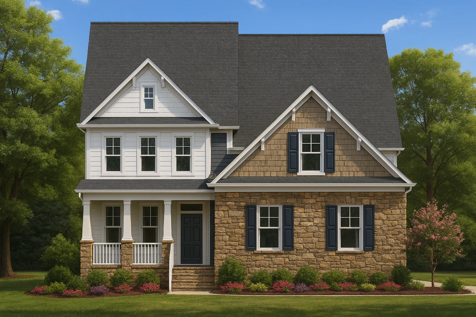 Front elevation of a New American style house featuring stone exterior, shake siding, white trim, and covered front porch