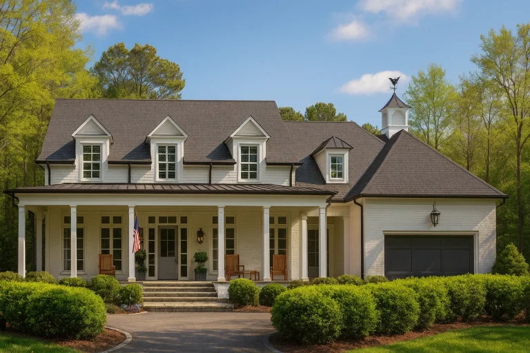 Garage Workshop Plans 3 Front elevation of a Southern Colonial style home with painted brick exterior, symmetrical façade, dormer windows, and wide covered front porch