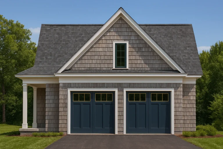 Front elevation of a Shingle Style coastal garage apartment with cedar shingle siding, Cape Cod proportions, and carriage-style garage doors