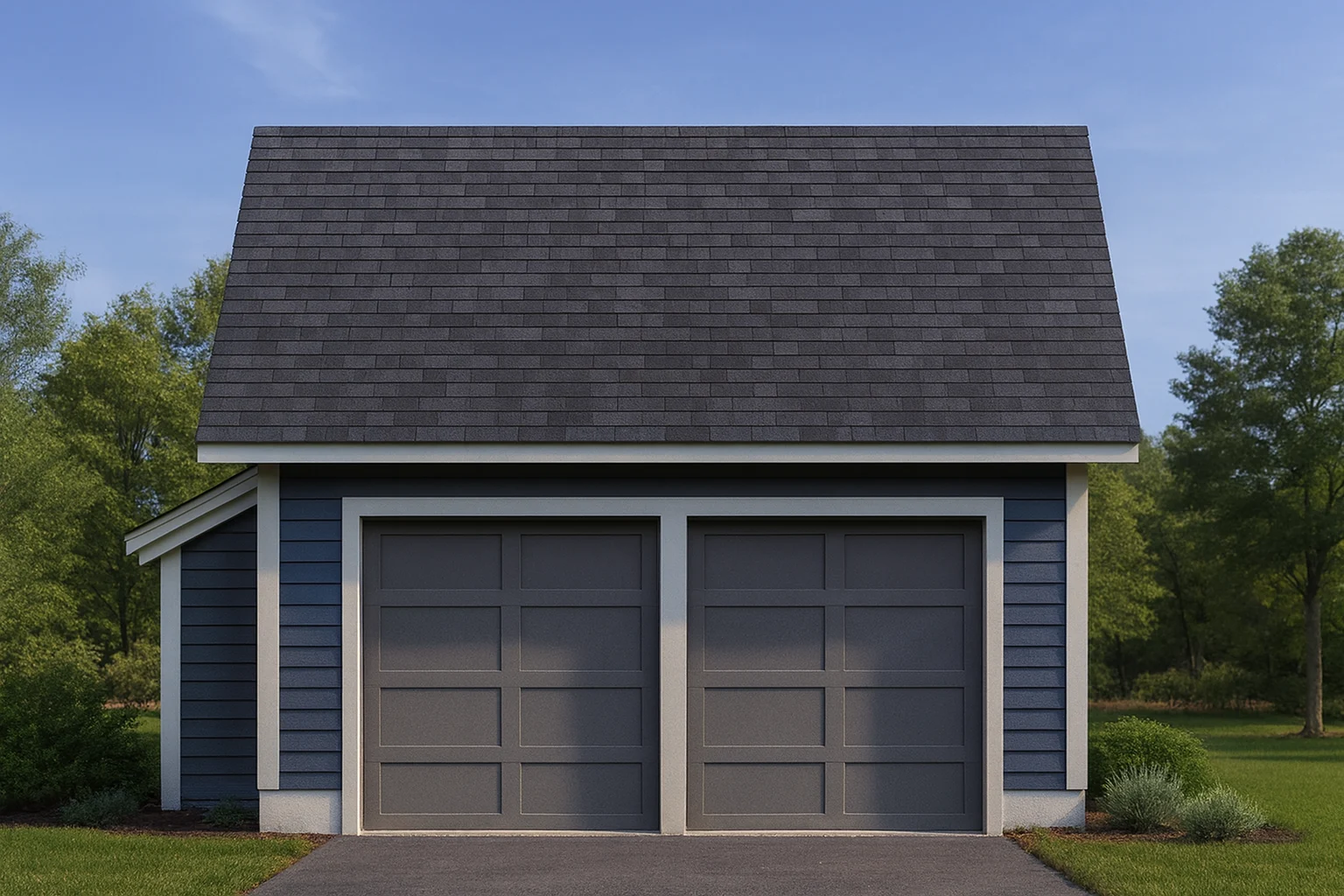 Front exterior of a Coastal Carriage House style two-car garage with Cape Cod detailing, lap siding, and asphalt shingle roof